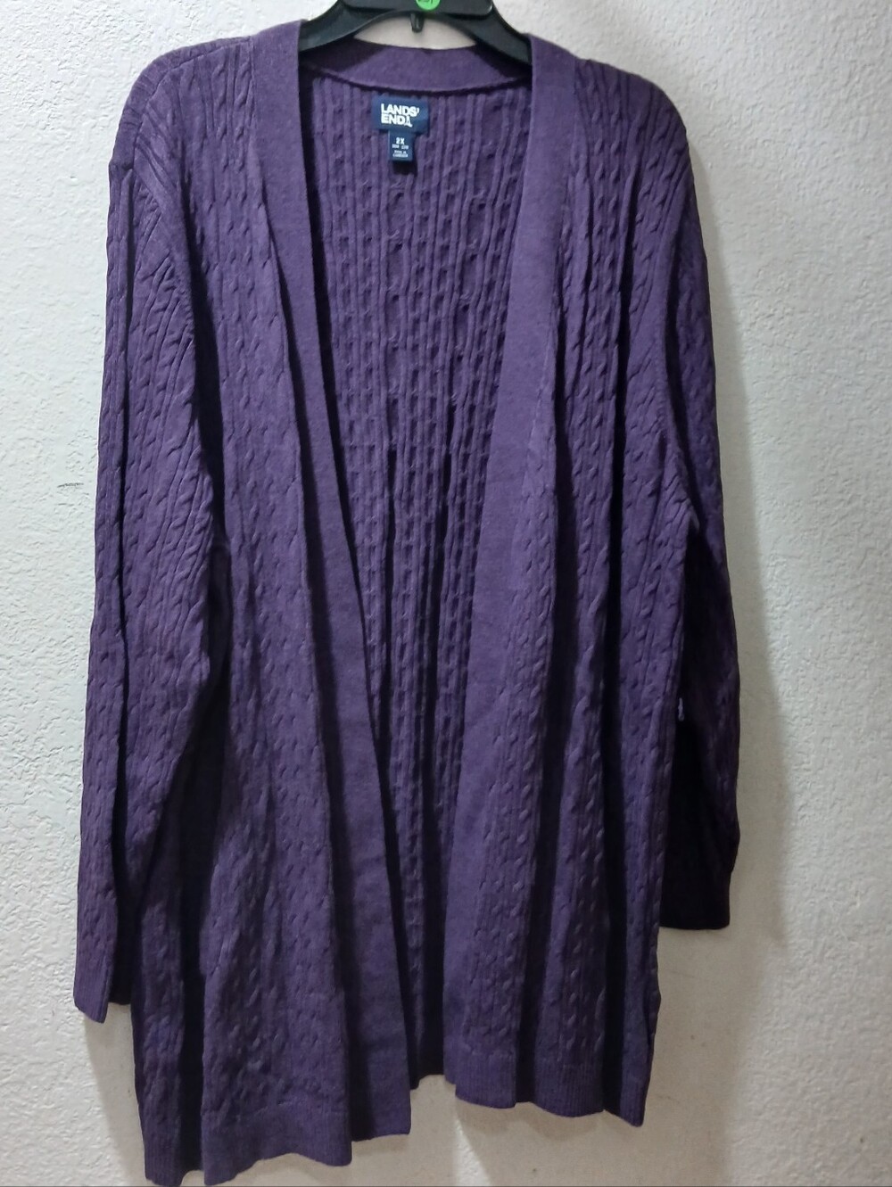 Lands' End 2X Purple Cable Knit Open-Front Cardigan with pockets.